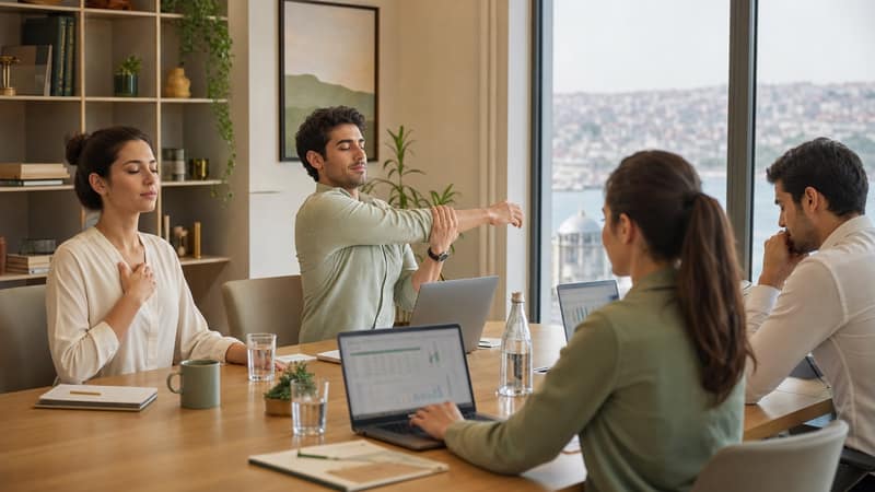 Finans Kapanış Dönemlerinde Ekibi Koruyan 10 Dakikalık Wellness Reset - MindWellWork blog kapak görseli