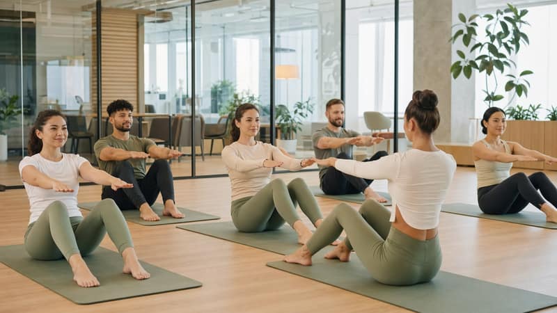 Kurumsal Pilates: Masa Başı Çalışanlar İçin Güçlü Duruş Rehberi - MindWellWork blog kapak görseli