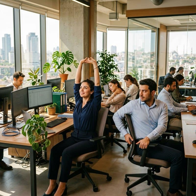 Kurumsal ofis yogası ve sandalye yogası seansı - profesyoneller ofiste yoga yapıyor