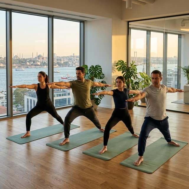 Kurumsal yoga dersi - modern ofiste profesyoneller yoga yapıyor